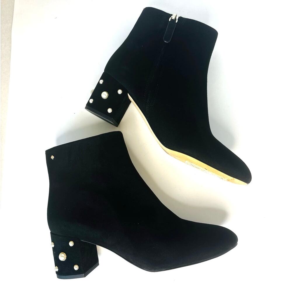 Kate Spade Taraji Faux Pearl Suede Block Heel Booties Black Women Ankle Boots 9